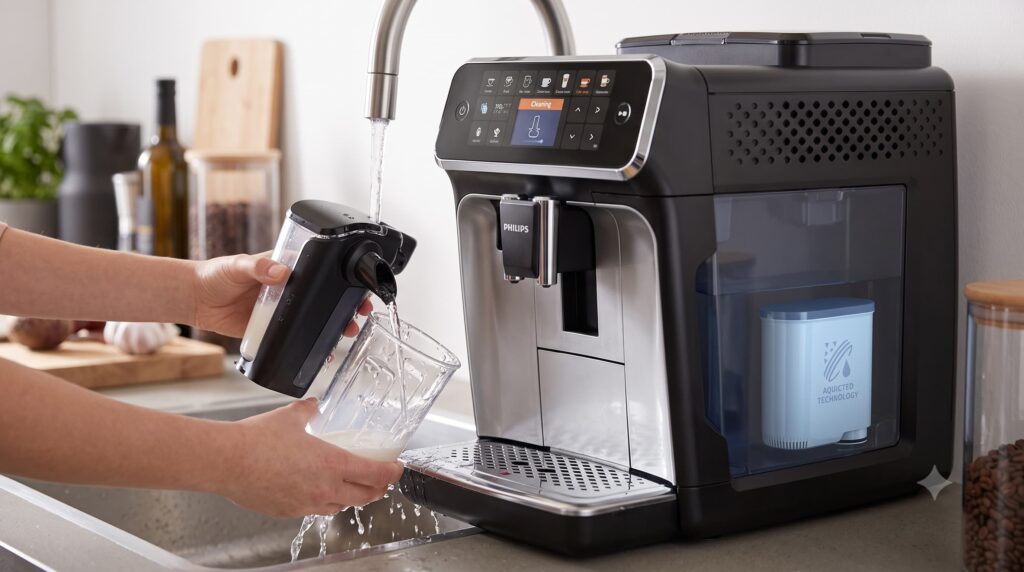 LatteGo en cours de nettoyage, cartouche AquaClean installée.